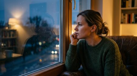Personne pensive regardant les étoiles par une fenêtre