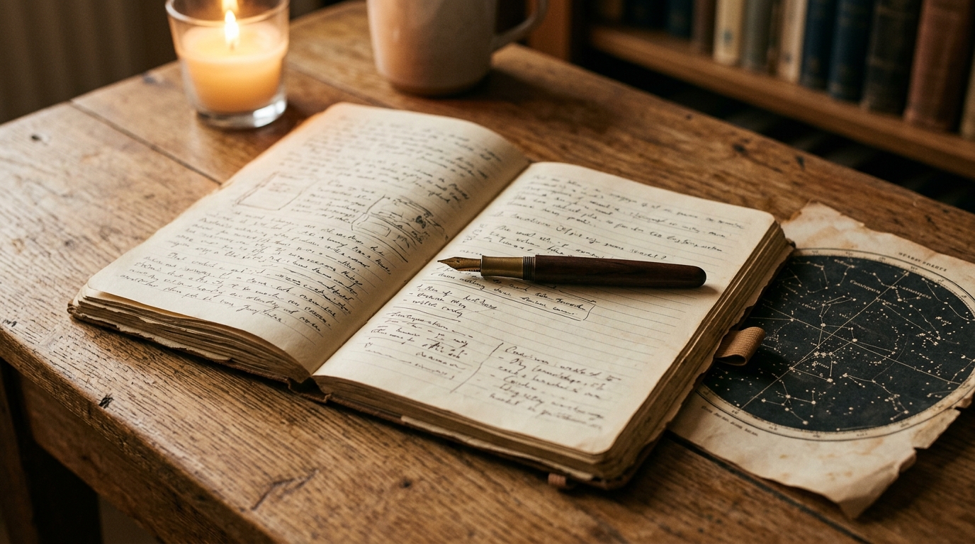 Carnet ouvert et carte céleste à la lueur d'une bougie