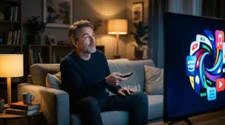 Homme regardant plusieurs applications de streaming fusionnées à la télévision