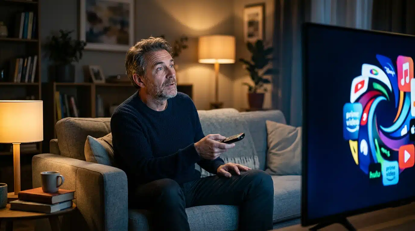 Homme regardant plusieurs applications de streaming fusionnées à la télévision