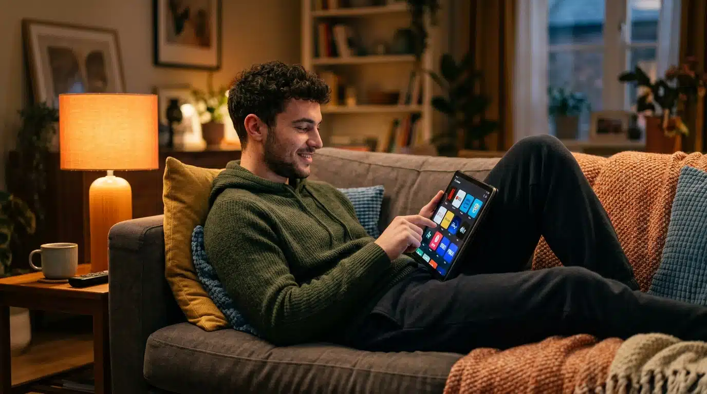 Jeune homme parcourant des services de streaming sur une tablette