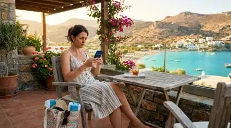 Femme inquiète consultant son application bancaire en vacances