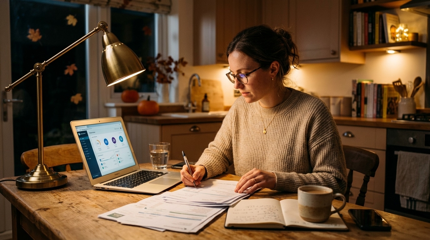 Femme vérifiant ses relevés bancaires et abonnements le soir