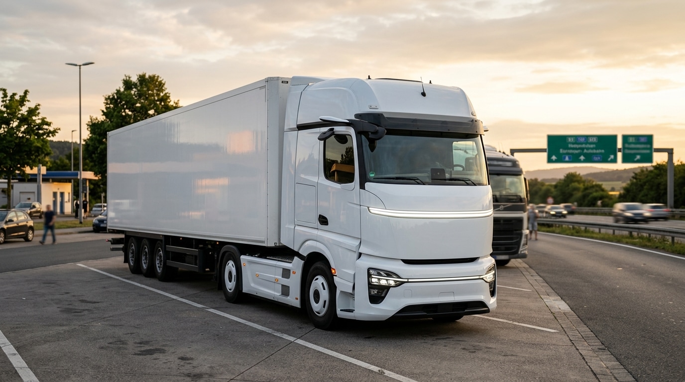 Camion électrique futuriste garé sur une aire d'autoroute européenne