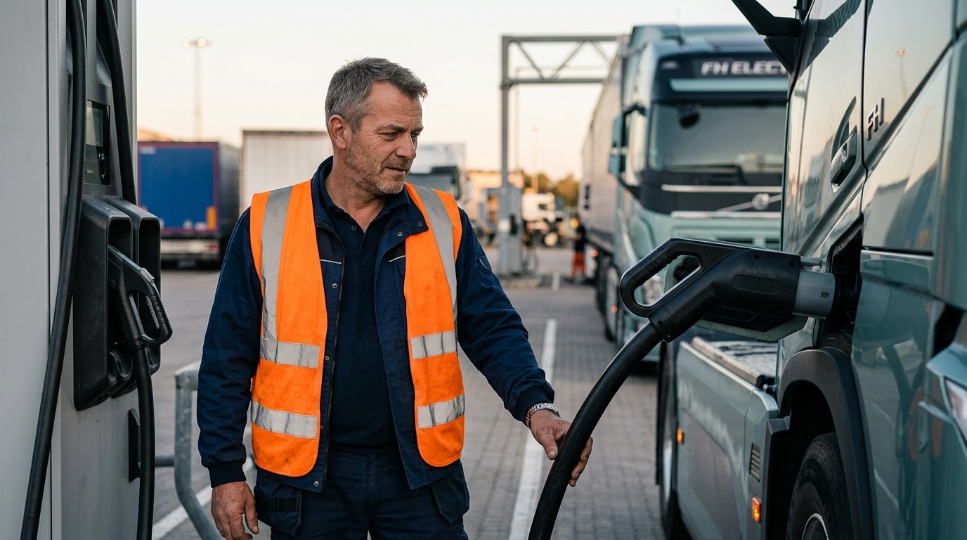 Chauffeur routier observant un câble de recharge électrique industriel