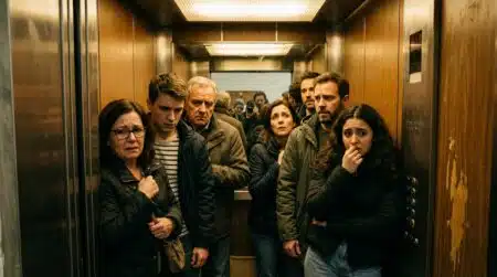 Neuf personnes serrées dans une cabine d'ascenseur