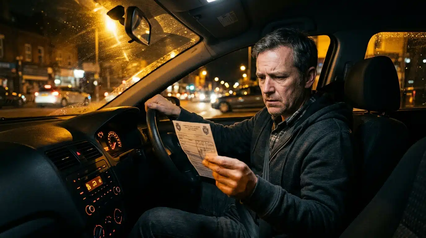 Conducteur inquiet recevant une contravention le soir