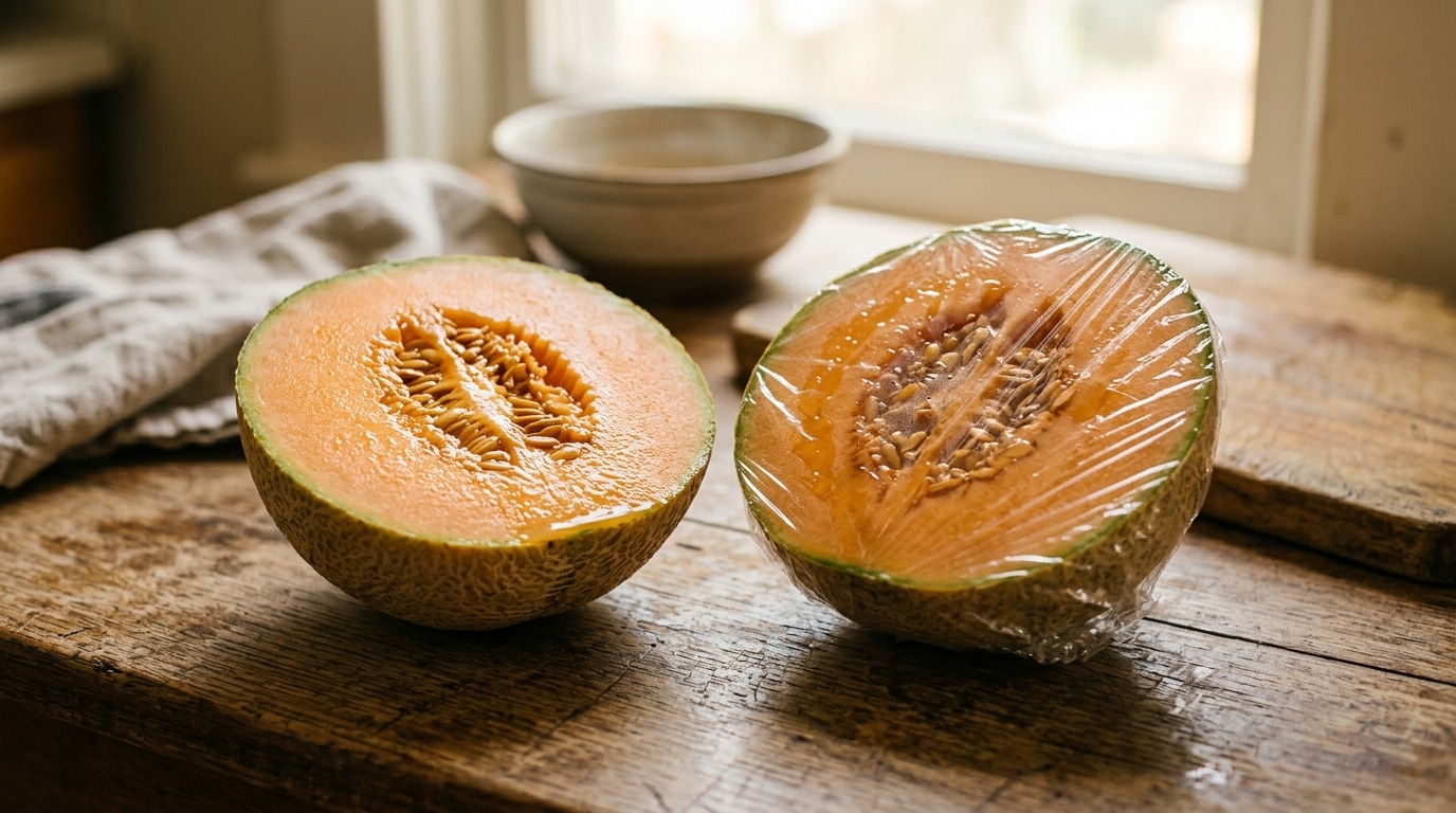 Melon coupé en deux avec graines et film alimentaire