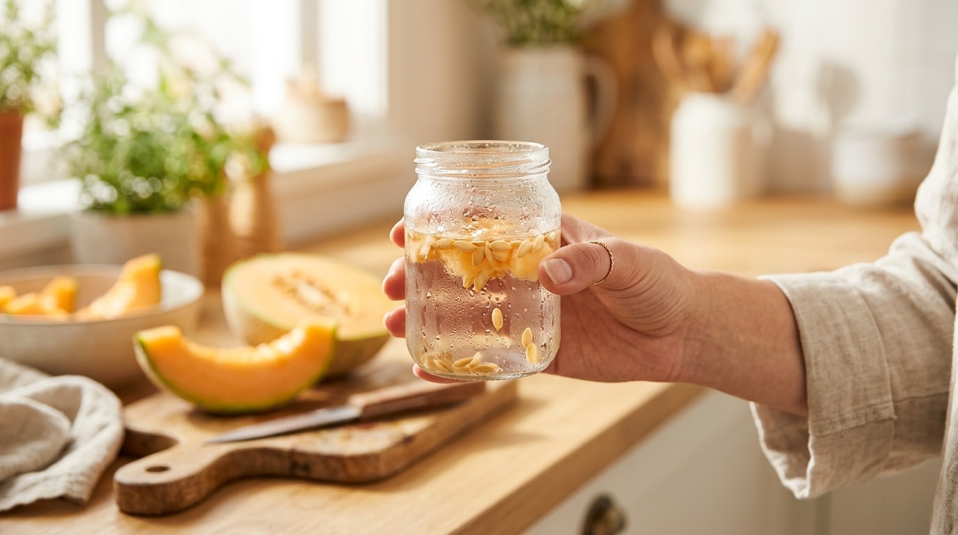 Verre d'eau infusée aux graines de melon