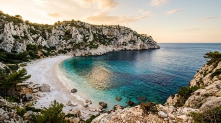 Crique turquoise entourée de falaises blanches en Grèce