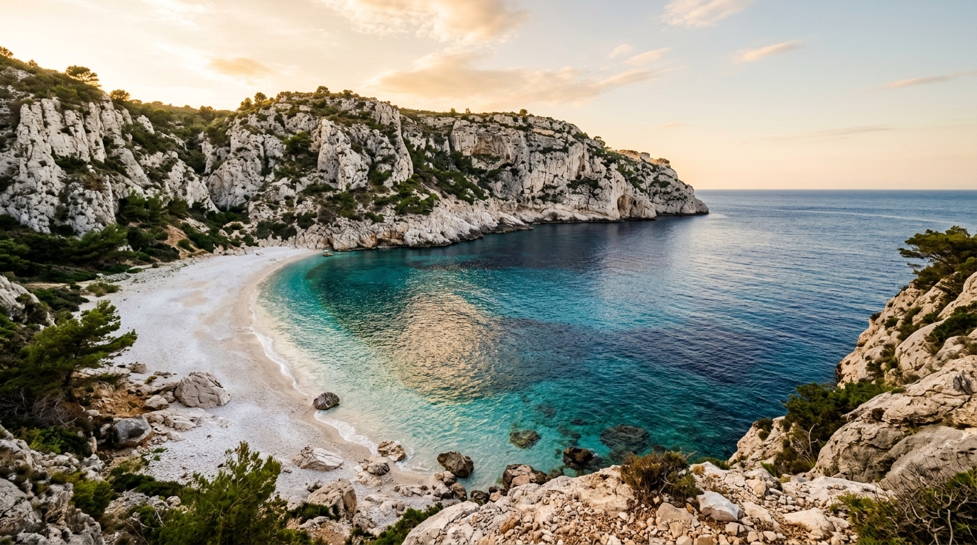 Crique turquoise entourée de falaises blanches en Grèce