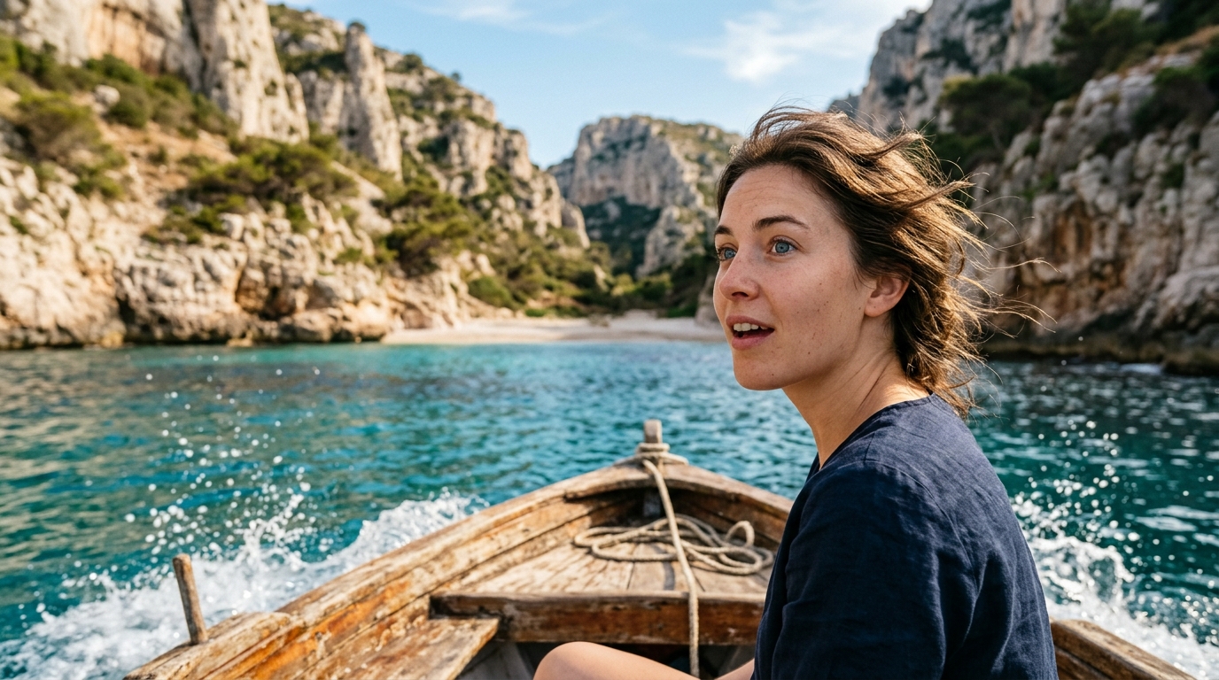 Jeune femme émerveillée en bateau face à une crique cachée