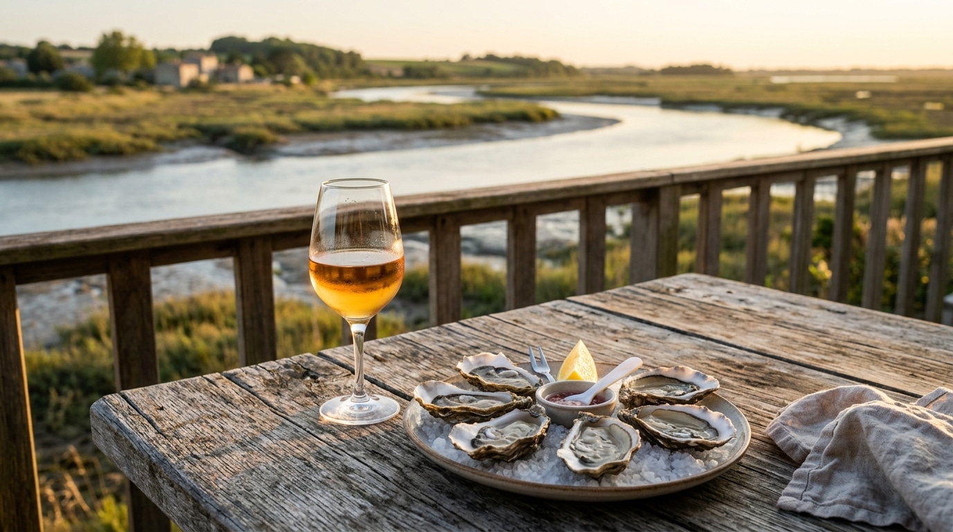 Huîtres fraîches et verre de pineau sur terrasse au bord de l'eau