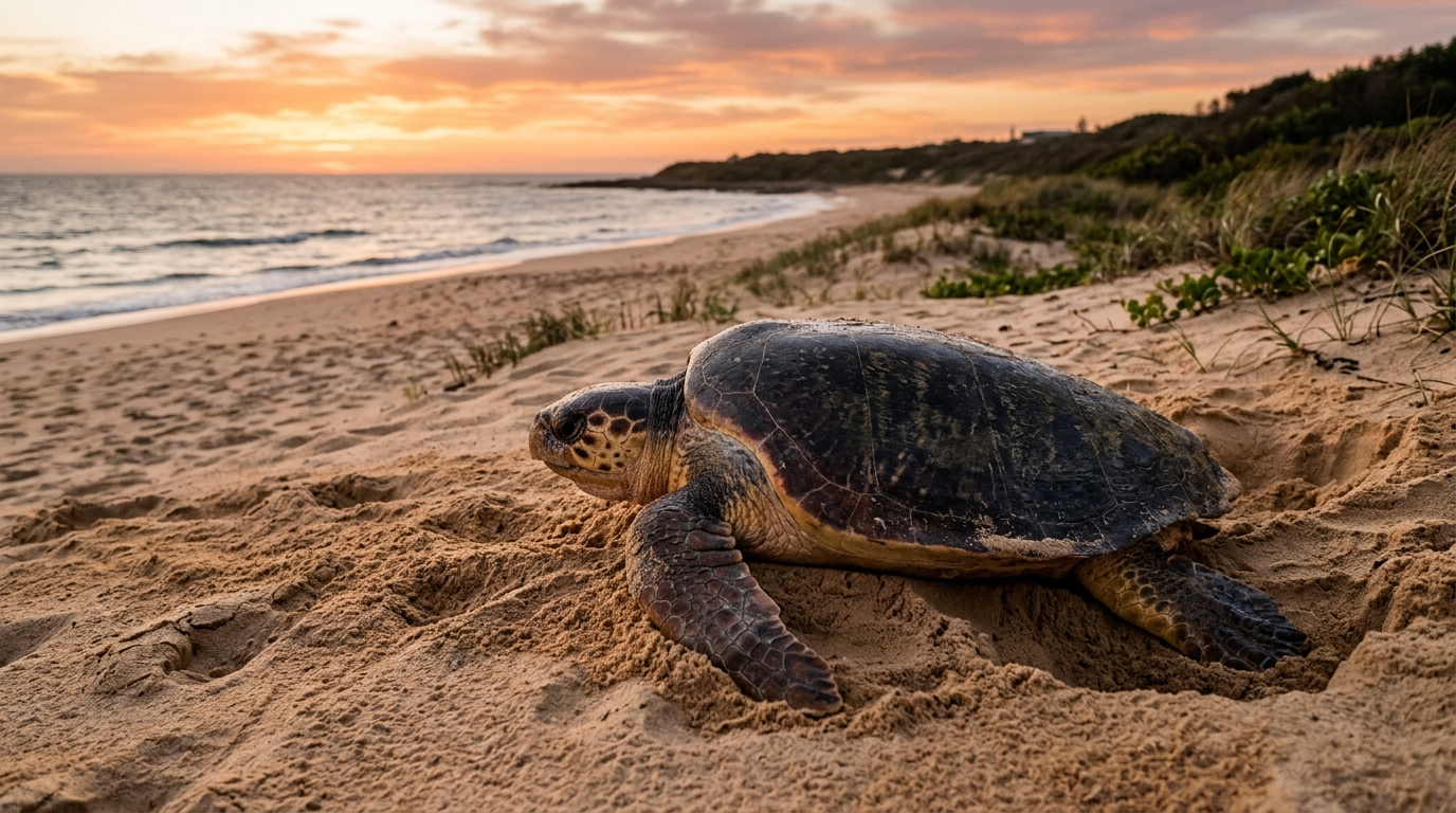 Tortue caouanne pondant sur une plage protégée