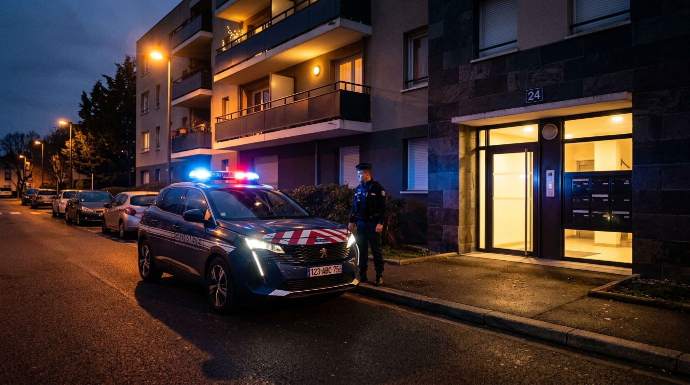 Voiture de police stationnée devant un immeuble la nuit