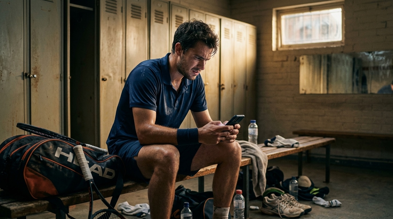 Joueur de tennis regardant son téléphone dans un vestiaire