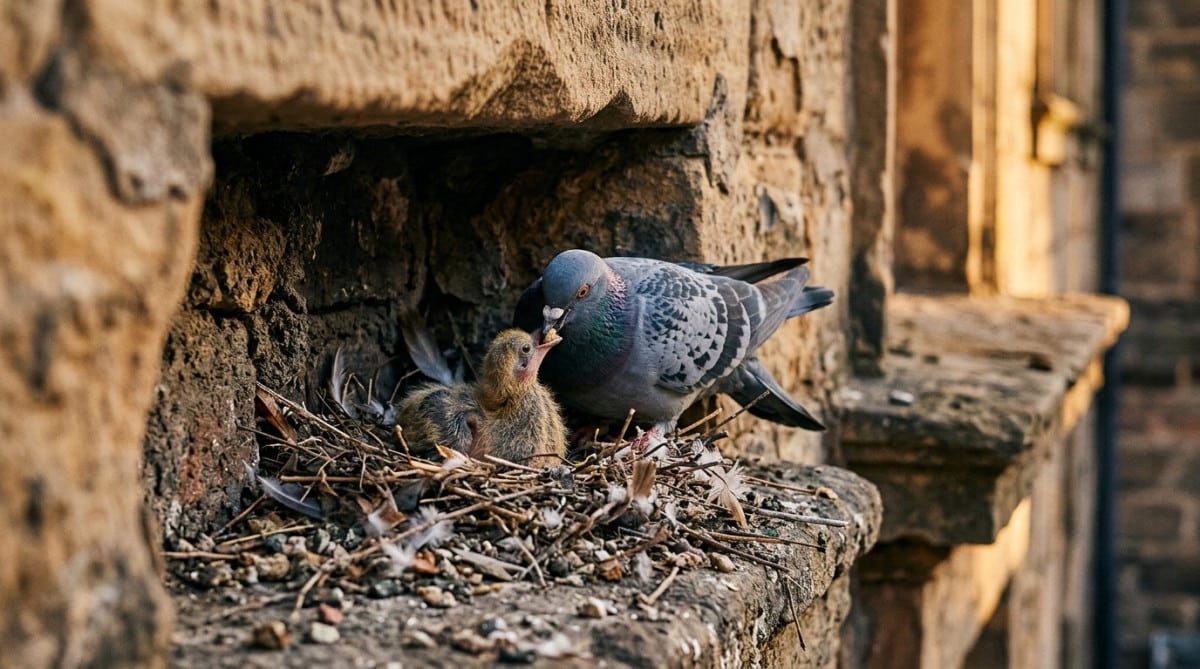 Nid caché de pigeonneau nourri par son parent