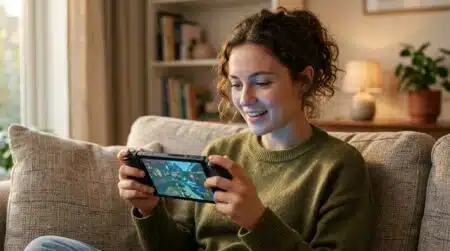 Personne souriante tenant une console Nintendo Switch 2