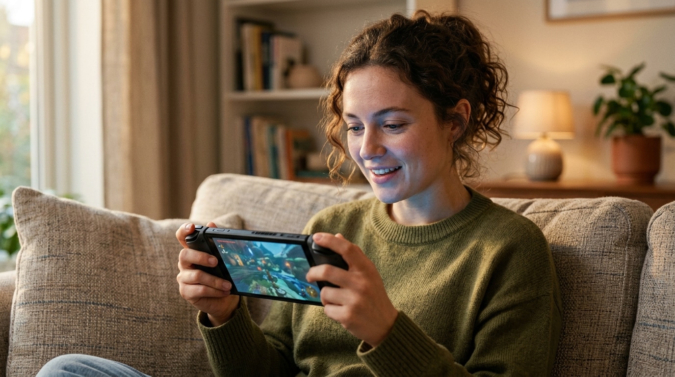 Personne souriante tenant une console Nintendo Switch 2