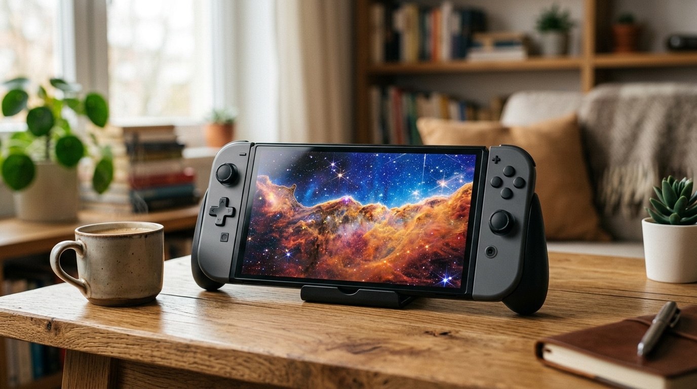 Console Nintendo Switch 2 affichant un décor spatial coloré