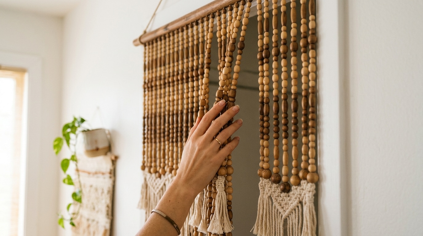 Main touchant des perles en bois naturel décoratives