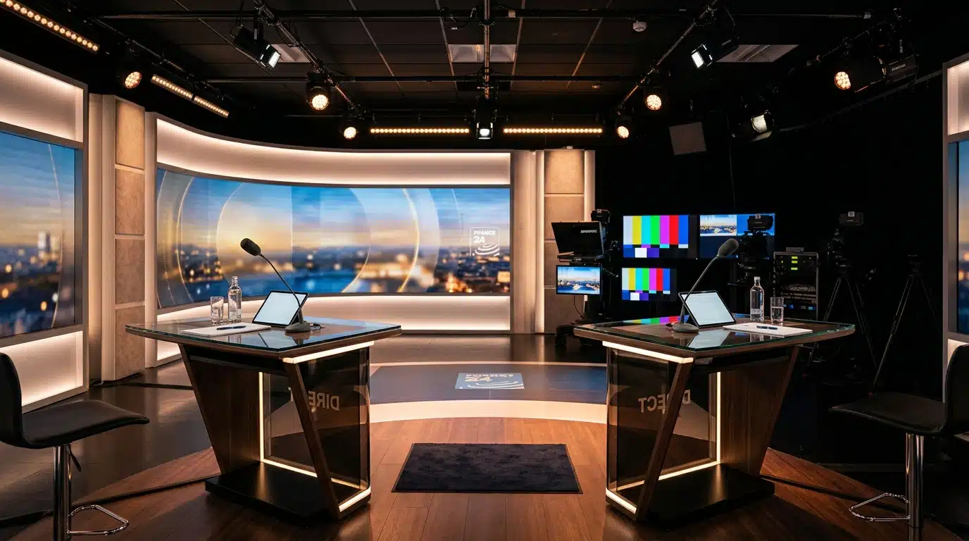Studio télévisé avec deux pupitres et micros, lumière chaude