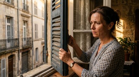 Femme fermant les volets tôt le matin en pleine canicule
