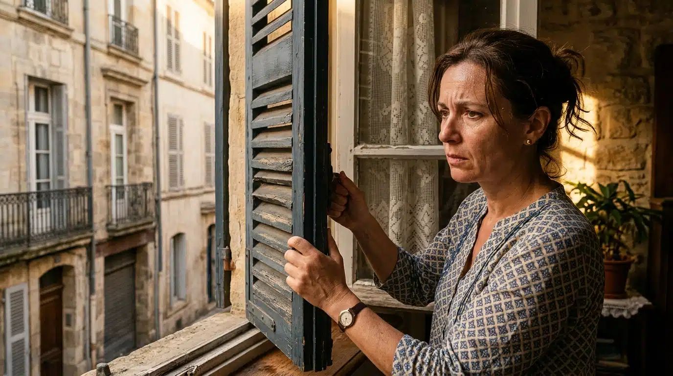 Femme fermant les volets tôt le matin en pleine canicule