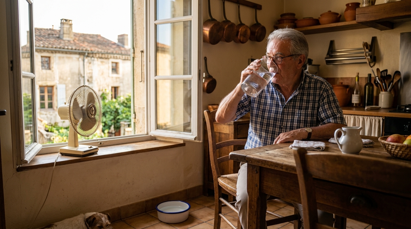 Personne âgée s'hydratant avec un ventilateur pendant la canicule
