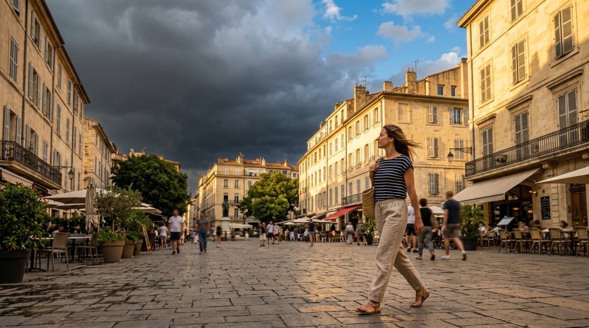 Nuages d'orage approchant sur une place de Marseille ensoleillée
