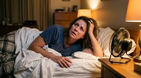 Femme allongée éveillée dans un lit en pleine canicule nocturne