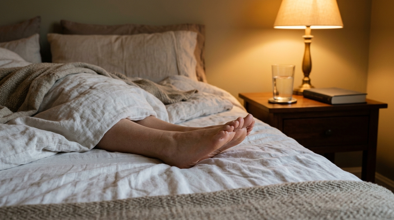 Pieds sur un drap en coton légèrement humidifié dans un lit