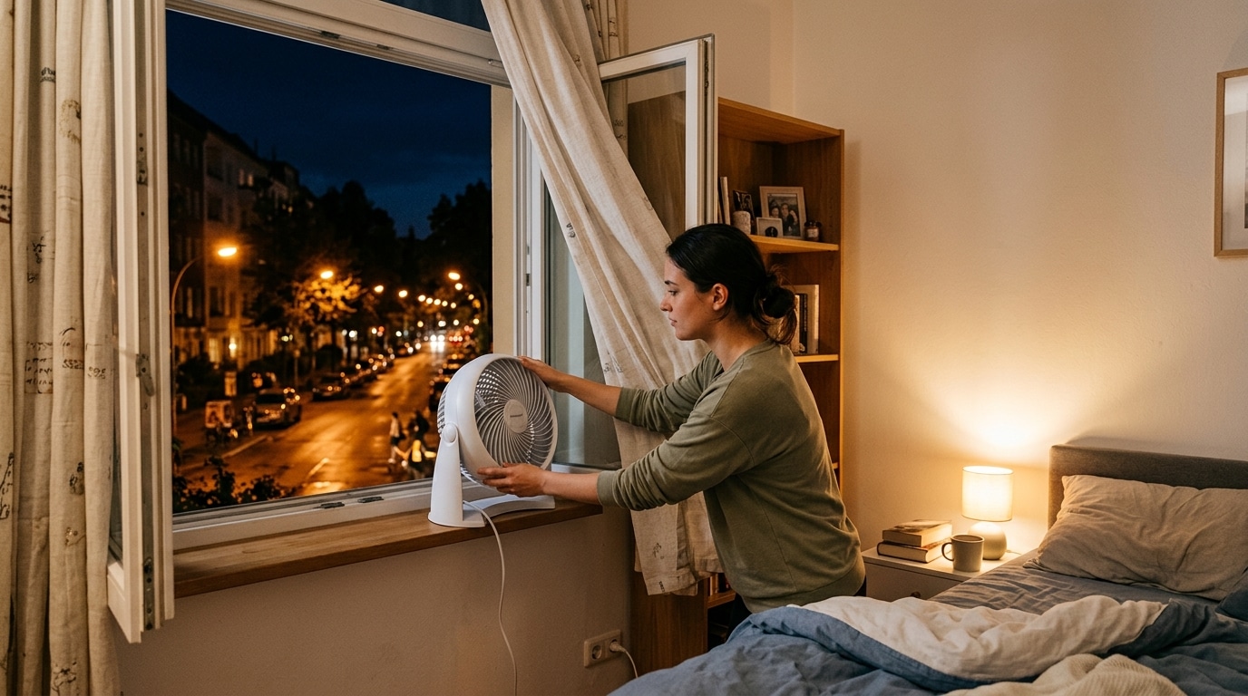 Ventilateur orienté vers une fenêtre ouverte la nuit