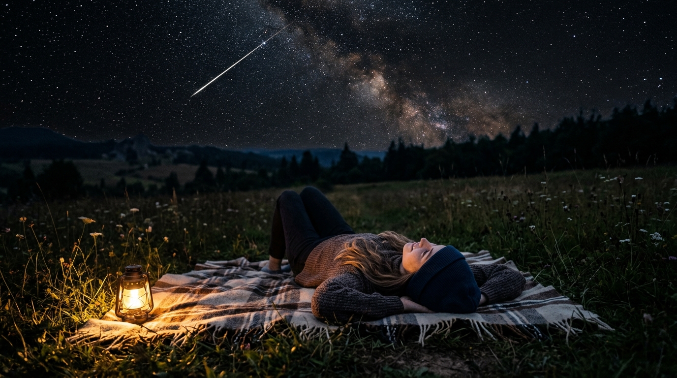 Personne allongée observant les étoiles filantes la nuit