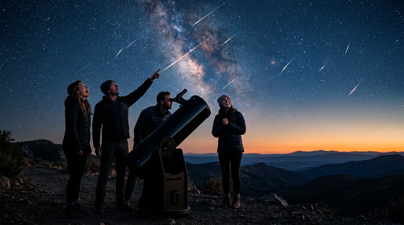 Groupe observant le ciel étoilé avec un télescope