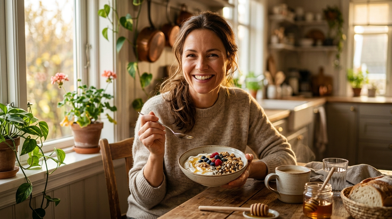 Femme souriante avec un bol de skyr au petit-déjeuner