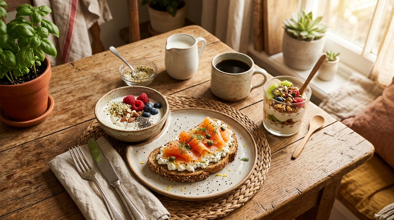 Petit-déjeuner protéiné avec cottage cheese et saumon fumé