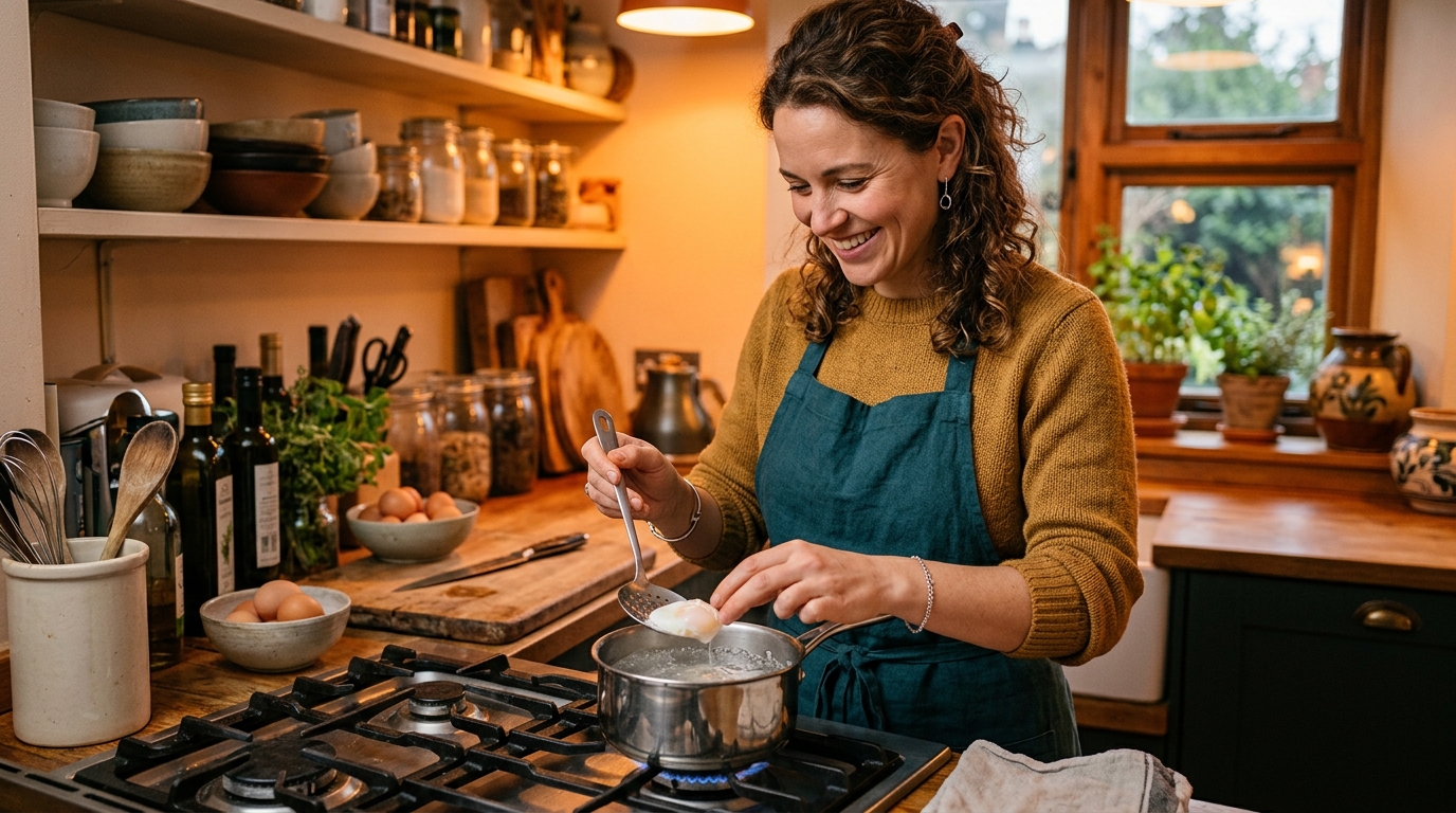 Femme faisant pocher un œuf dans une casserole