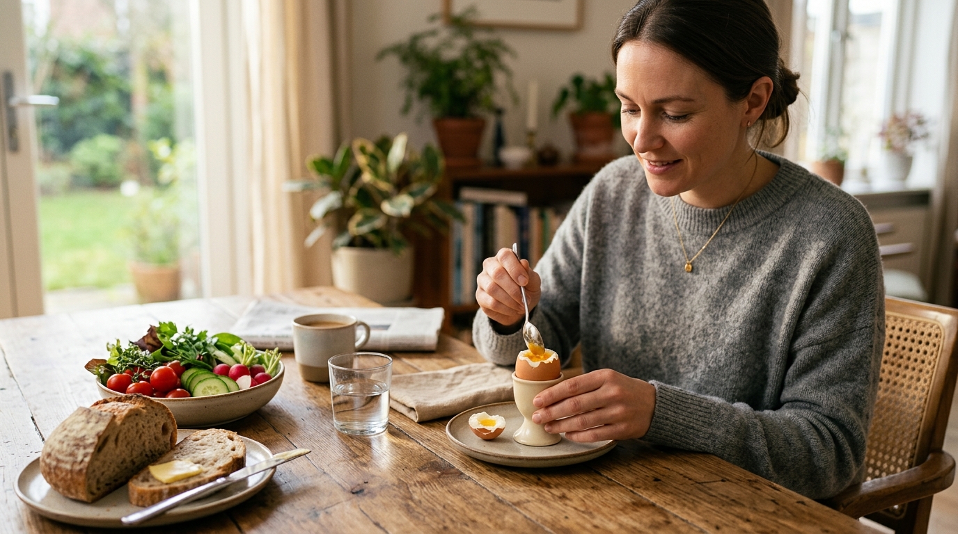 Personne dégustant un œuf mollet au petit-déjeuner