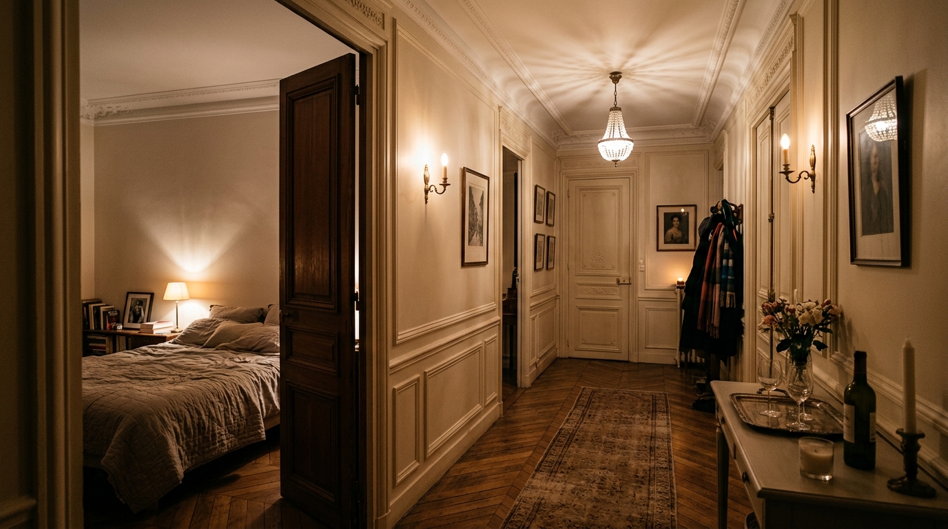 Porte de chambre entrouverte lors d'une soirée mondaine