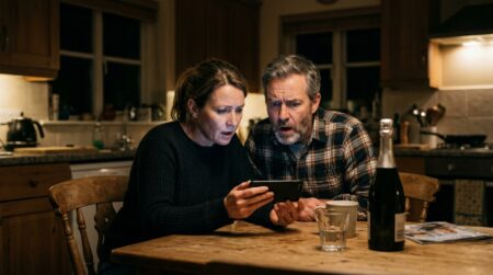 Couple regardant un smartphone avec stupeur la nuit