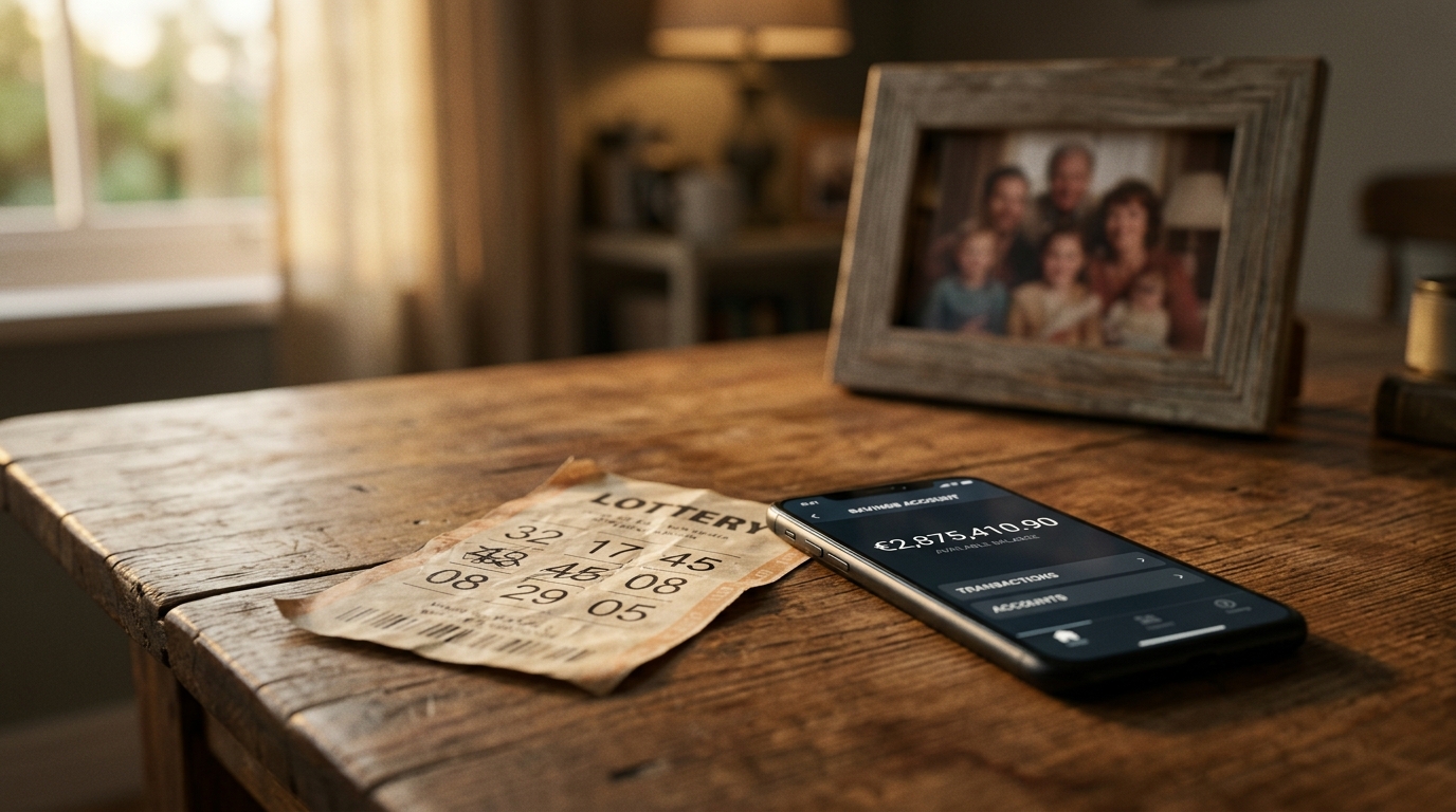Ticket de loto et smartphone sur une table en bois