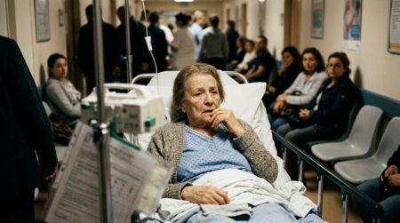 Femme âgée allongée sur un brancard aux urgences