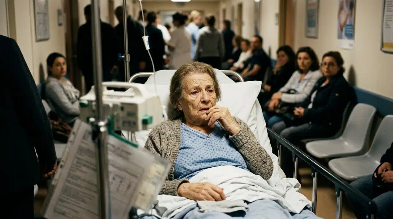 Femme âgée allongée sur un brancard aux urgences