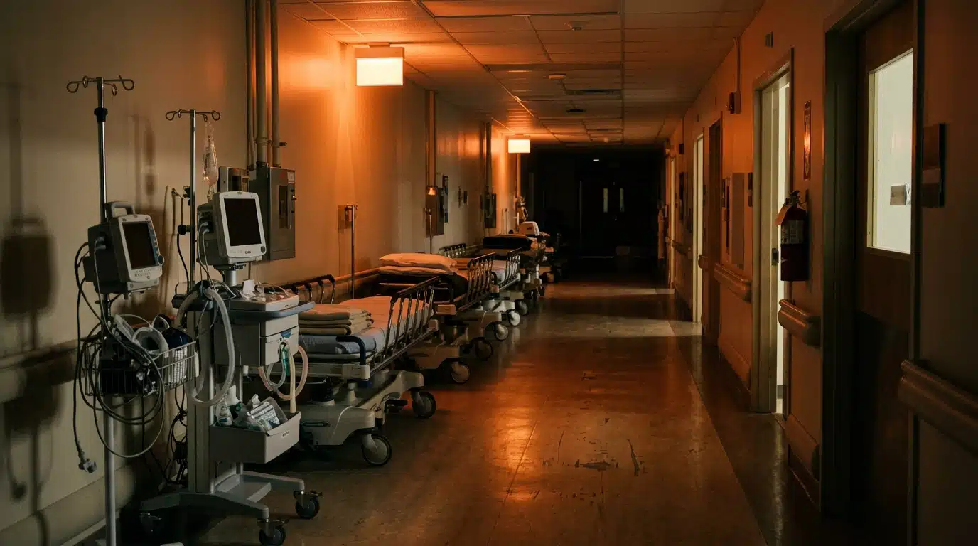Couloir d'hôpital rempli de brancards la nuit