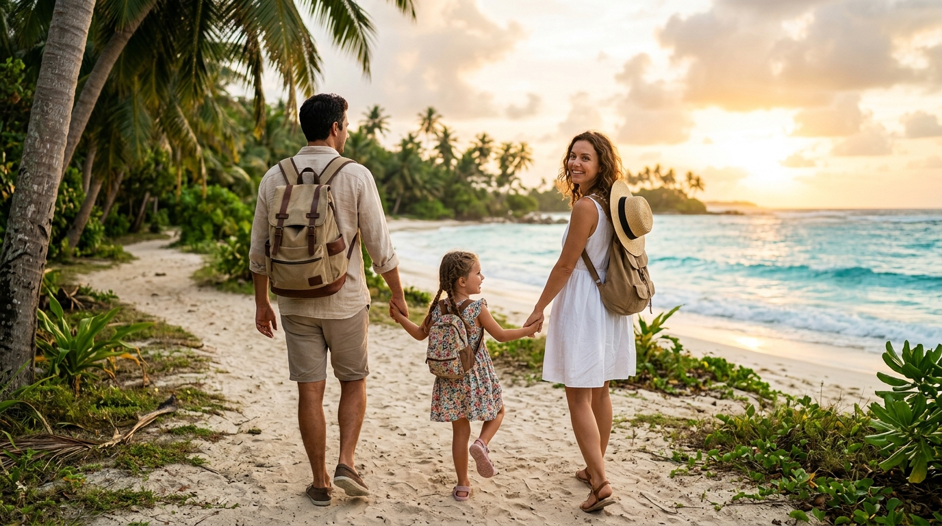 Famille avec enfant marchant sur une plage tropicale