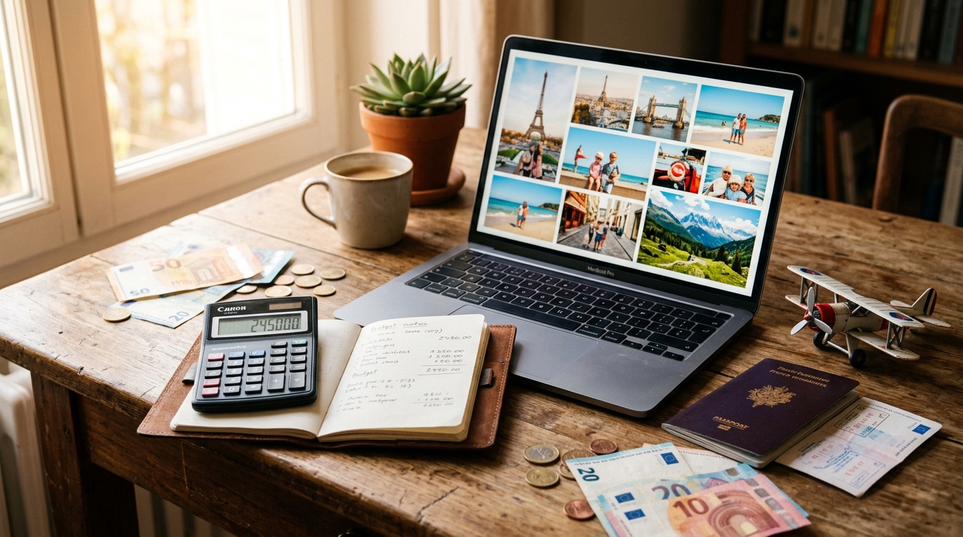 Calculatrice, passeport et argent sur un bureau