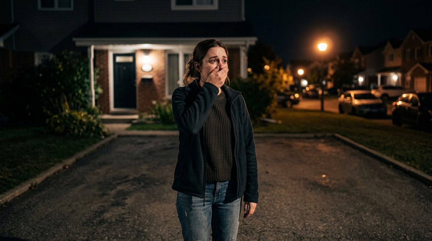 Mère bouleversée devant une allée vide la nuit