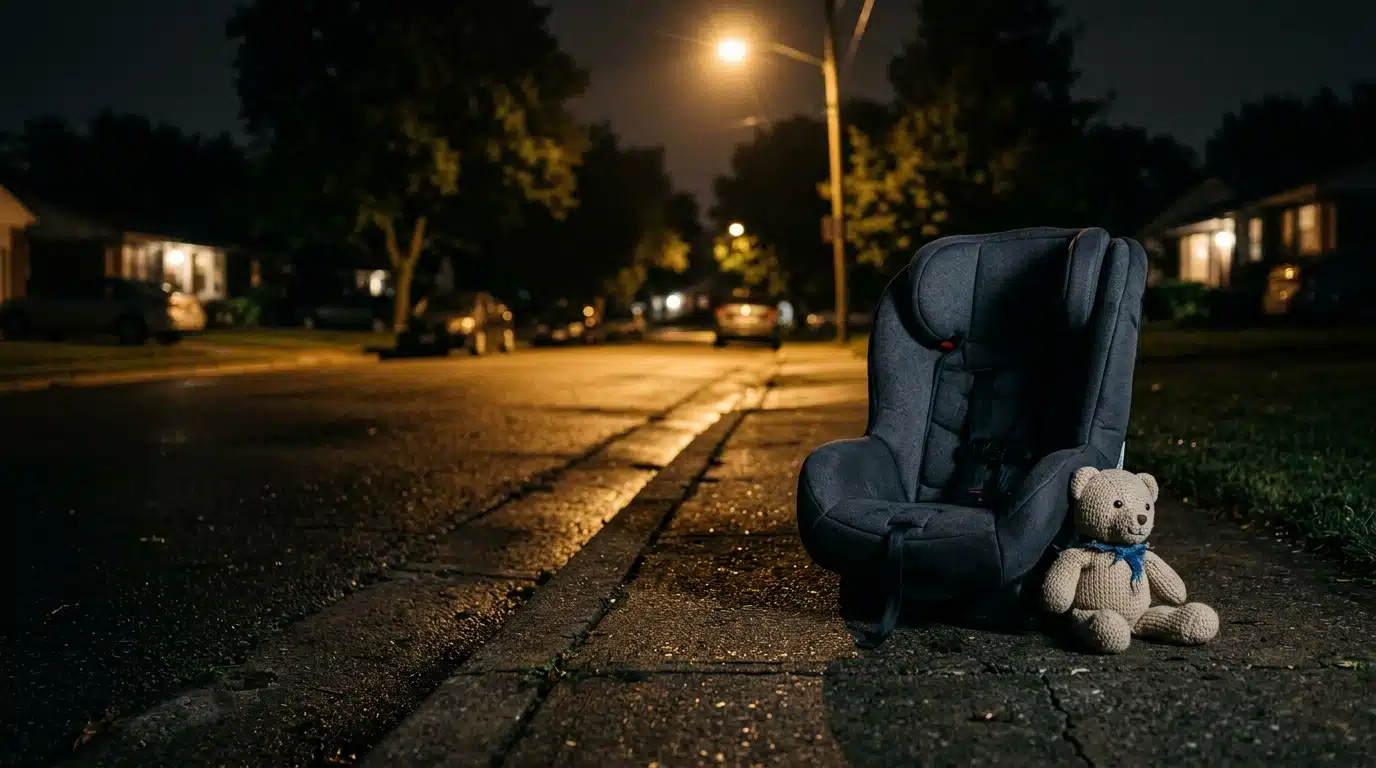 Siège auto pour bébé posé seul sur un trottoir