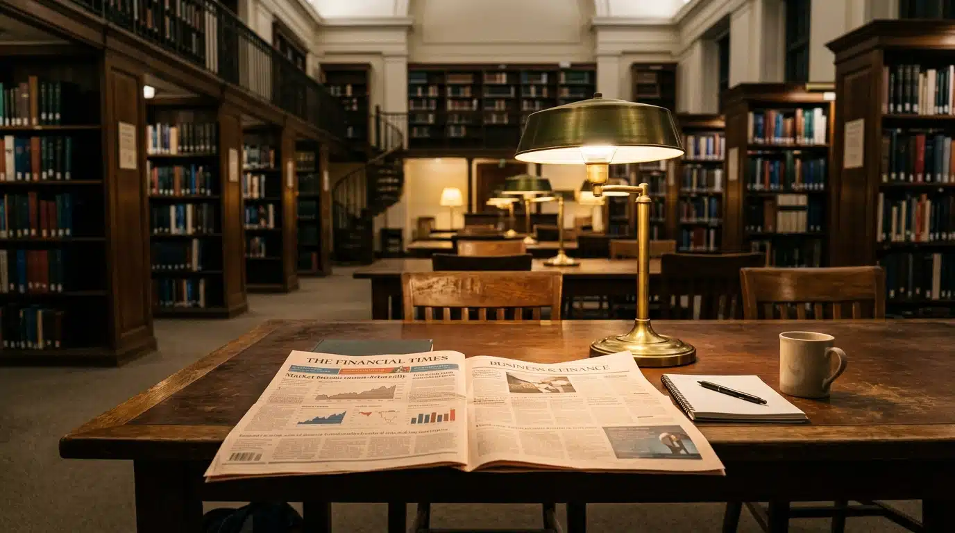 Bureau de bibliothèque avec journal et chiffres financiers